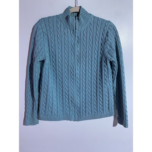 LL Bean Cardigan Sweater Womens L Blue Cable Knit Warm Preppy Outdoor Full Zip - Picture 1 of 15